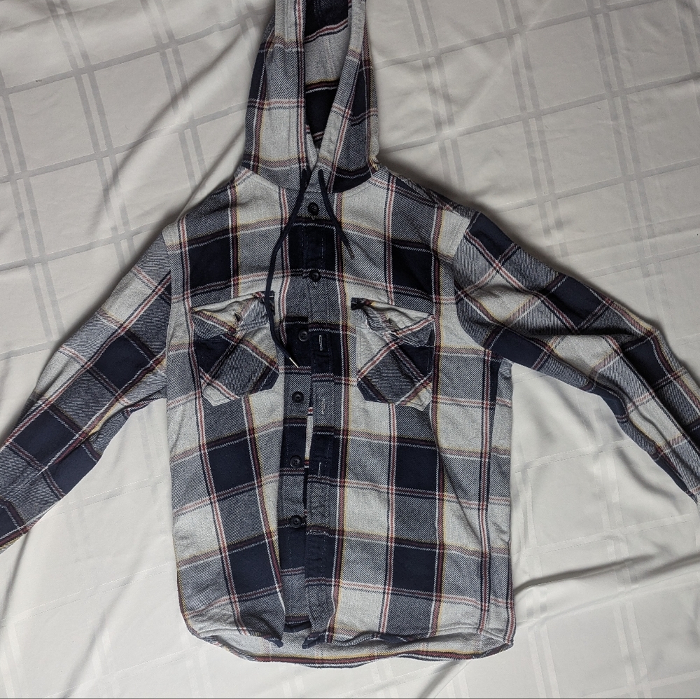 Express Navy and Gray Plaid Hooded Shirt